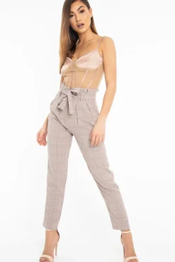 Rebellious Fashion Brown Pink Check Tie Waist Tapered Trousers - Nikita