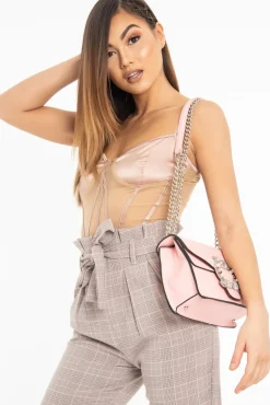 Rebellious Fashion Brown Pink Check Tie Waist Tapered Trousers - Nikita