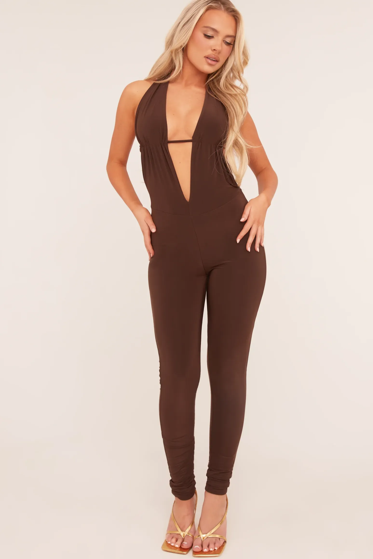 Rebellious Fashion Brown Plunge Halter Neck Jumpsuit - Liliana