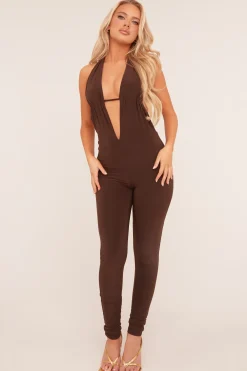 Rebellious Fashion Brown Plunge Halter Neck Jumpsuit - Liliana