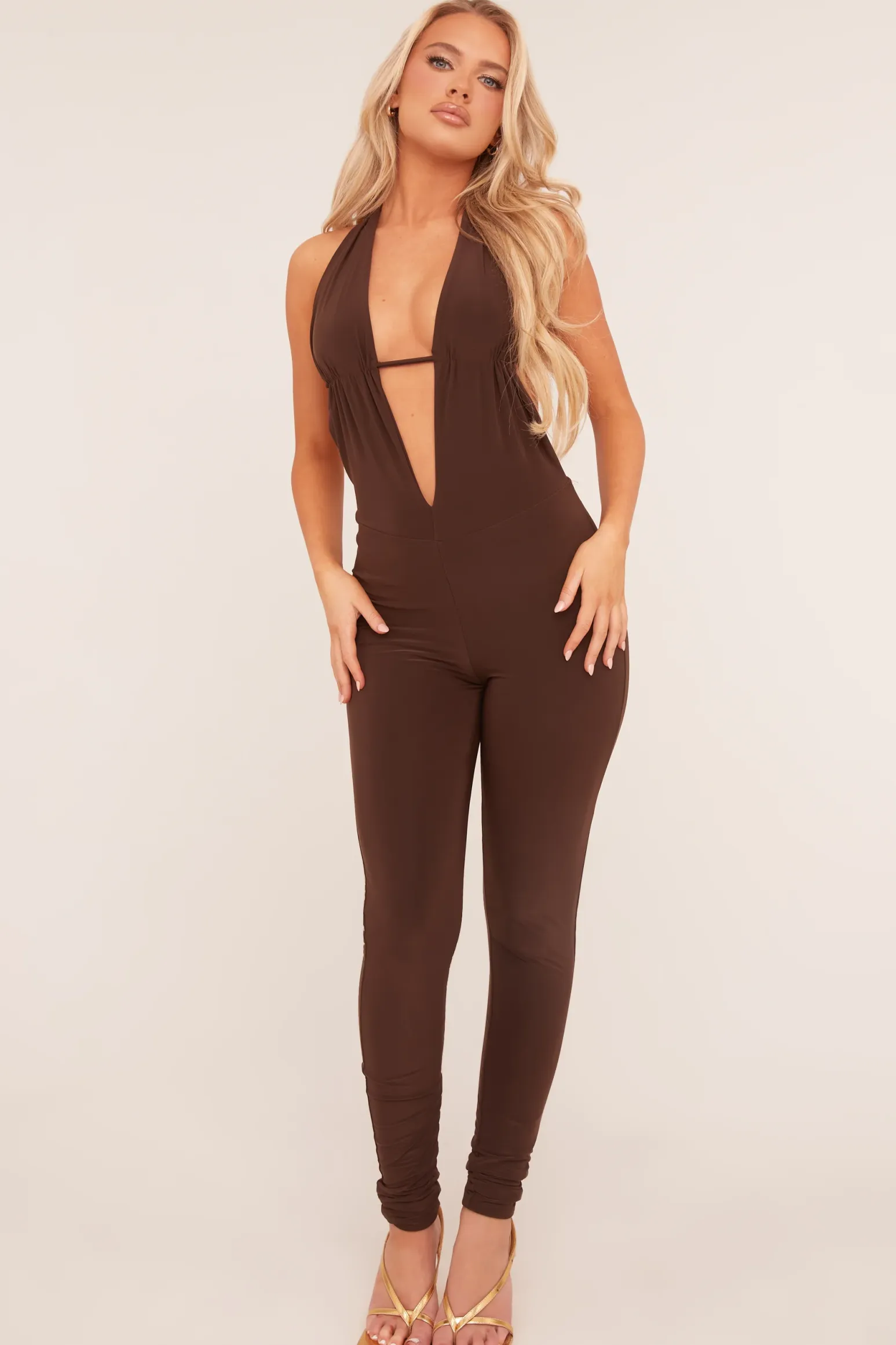 Rebellious Fashion Brown Plunge Halter Neck Jumpsuit - Liliana