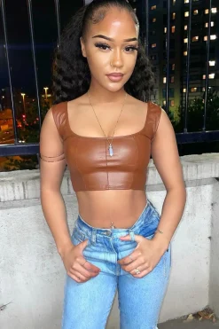 Rebellious Fashion Brown PU Leather Corset Crop Top - Roxa