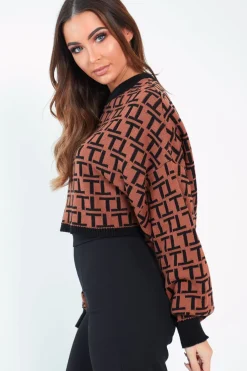 Rebellious Fashion Brown Repeat Print Crop Jumper - Ryhanna
