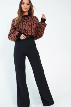 Rebellious Fashion Brown Repeat Print Crop Jumper - Ryhanna