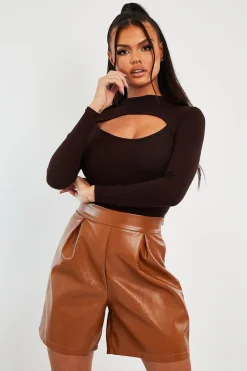 Rebellious Fashion Brown Ribbed Cut Out Detail Bodysuit - Murphie