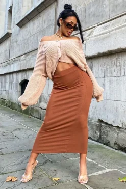 Rebellious Fashion Brown Ribbed Midi Skirt - Dixie