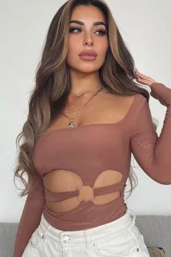 Rebellious Fashion Brown Ring Detail Front Cut Out Bodysuit - Ryelee