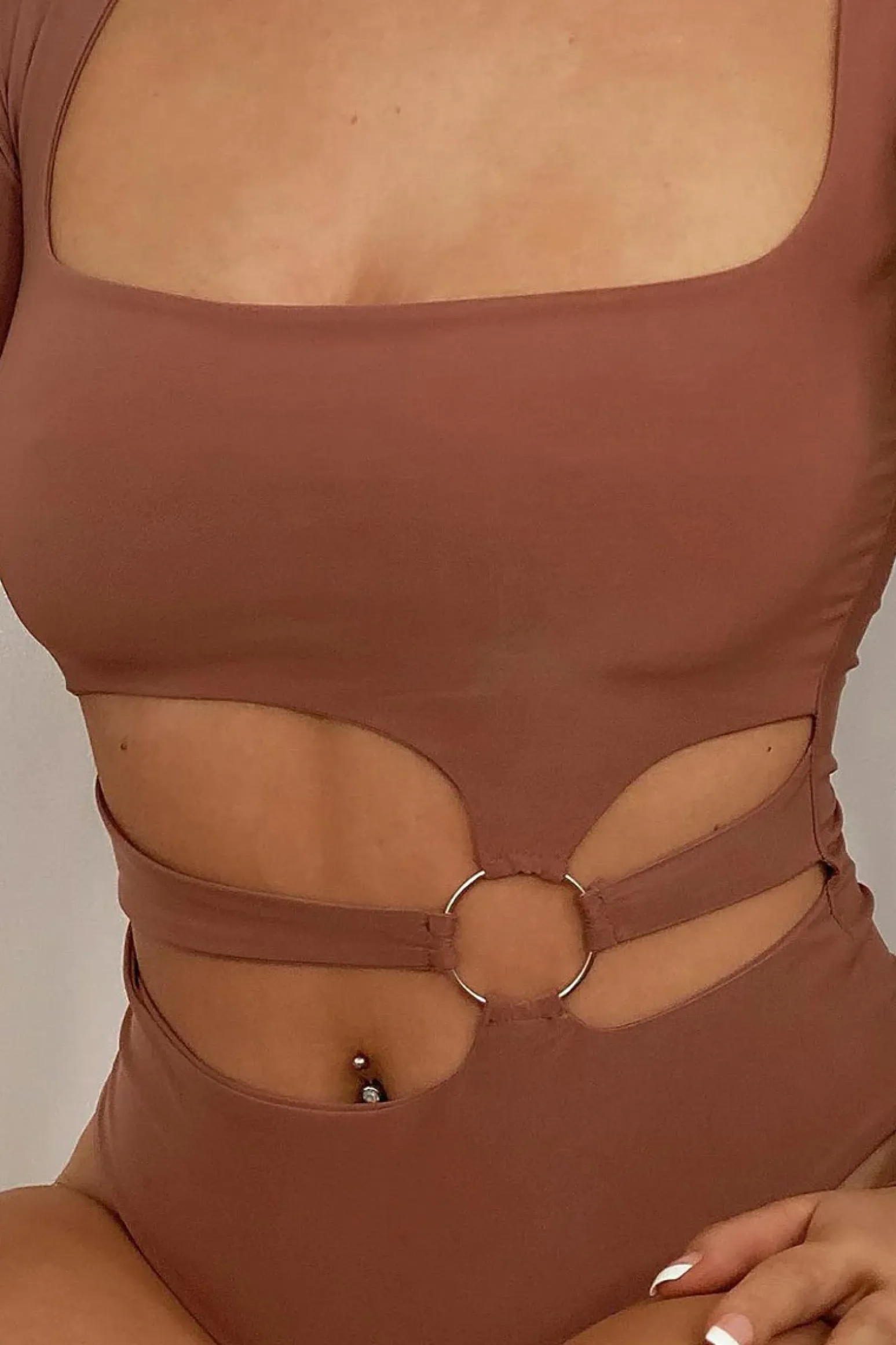 Rebellious Fashion Brown Ring Detail Front Cut Out Bodysuit - Ryelee