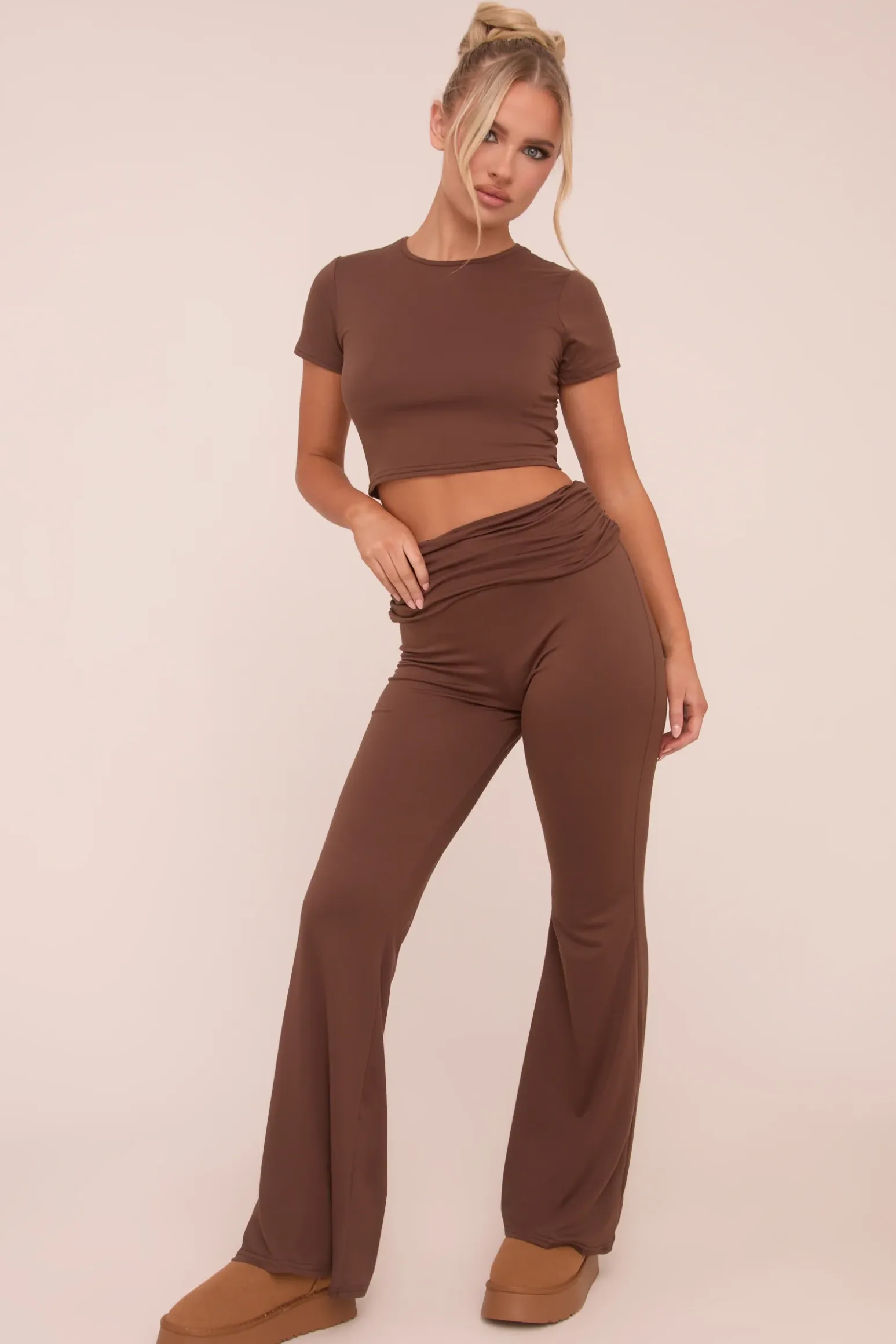 Rebellious Fashion Brown Round Neck Cropped Top & Flared Leg Trousers Co-ord - Charlett