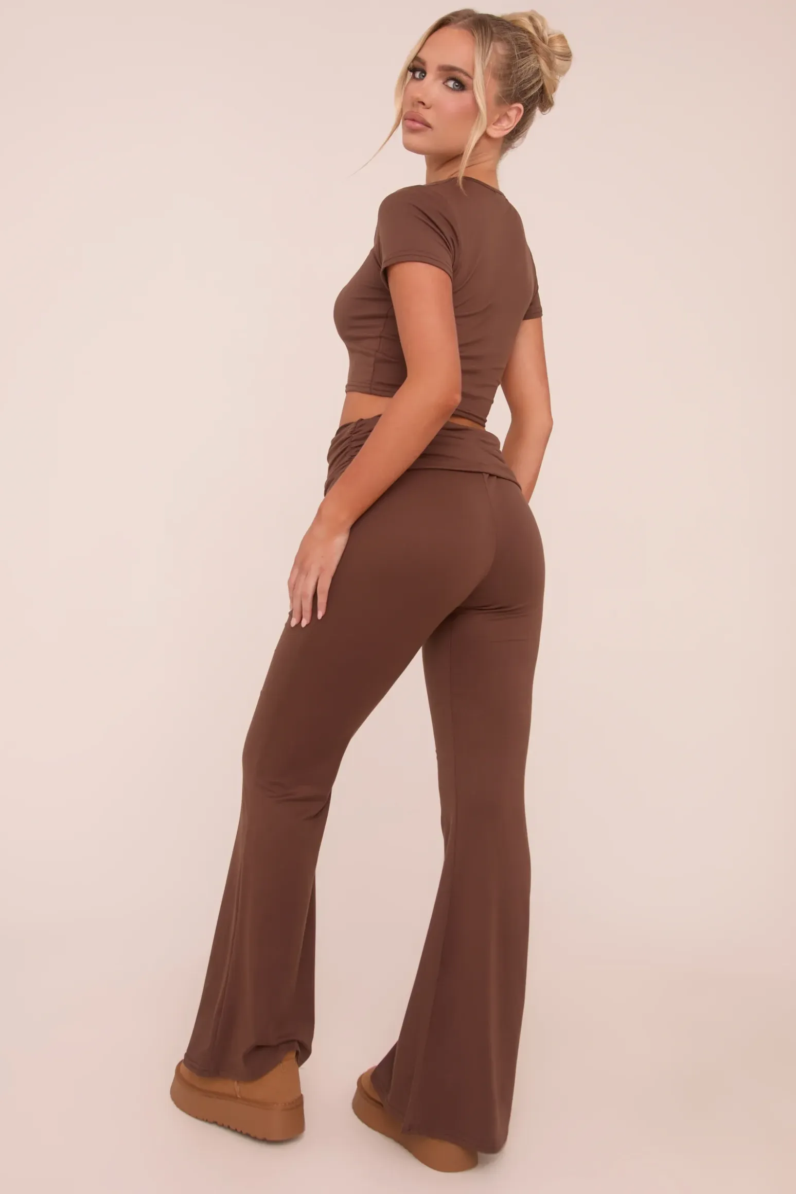 Rebellious Fashion Brown Round Neck Cropped Top & Flared Leg Trousers Co-ord - Charlett