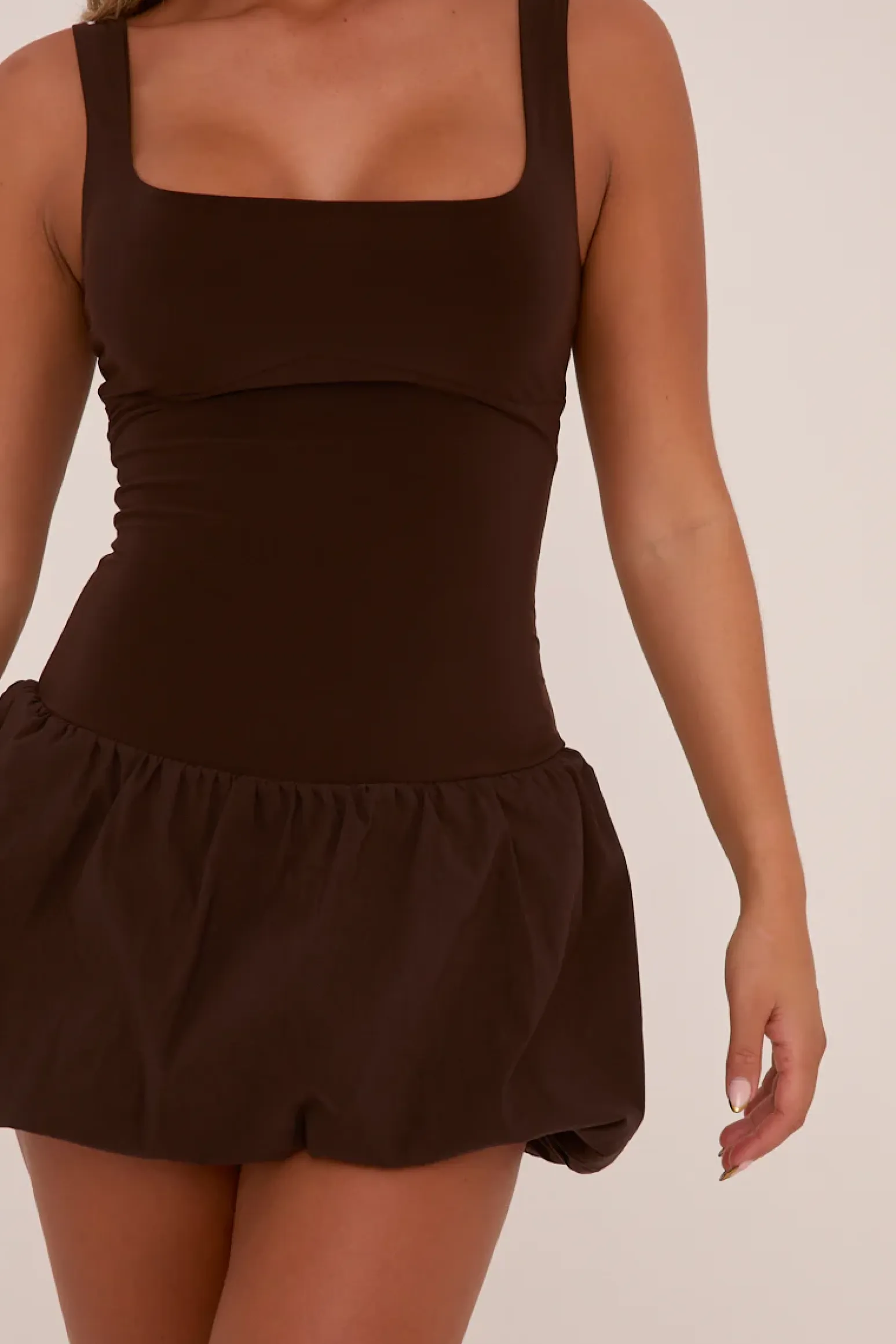 Rebellious Fashion Brown Scoop Neck Puffball Mini Dress - Alyssa