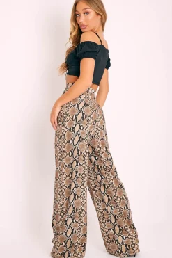 Rebellious Fashion Brown Snake Crepe Wide Leg Trousers - Afifa
