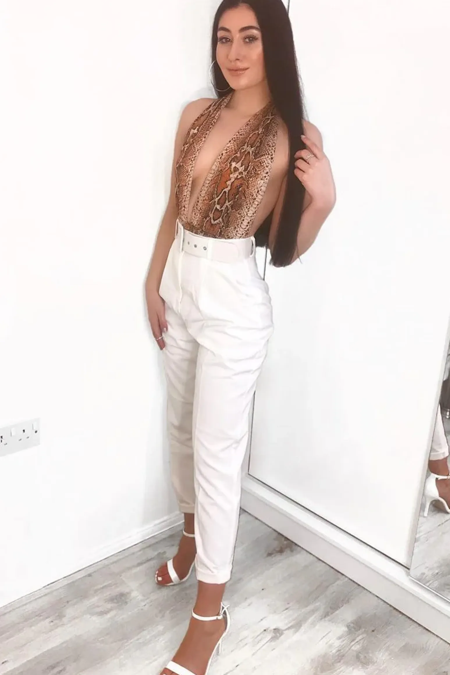 Rebellious Fashion Brown Snake Plunge Halterneck Bodysuit - Lona