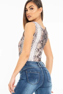 Rebellious Fashion Brown Snake Print Sleeveless Bodysuit - Payge