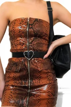 Rebellious Fashion Brown Snake Zip Front Bandeau And Skirt Co-Ord - Dyani