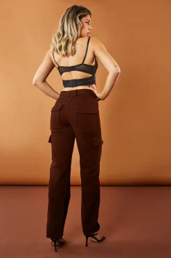 Rebellious Fashion Brown Straight Leg Pocket Detail Cargo Trousers - Paige