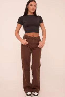 Rebellious Fashion Brown Stretch Mid Waist Straight Leg Denim Jeans - Misha