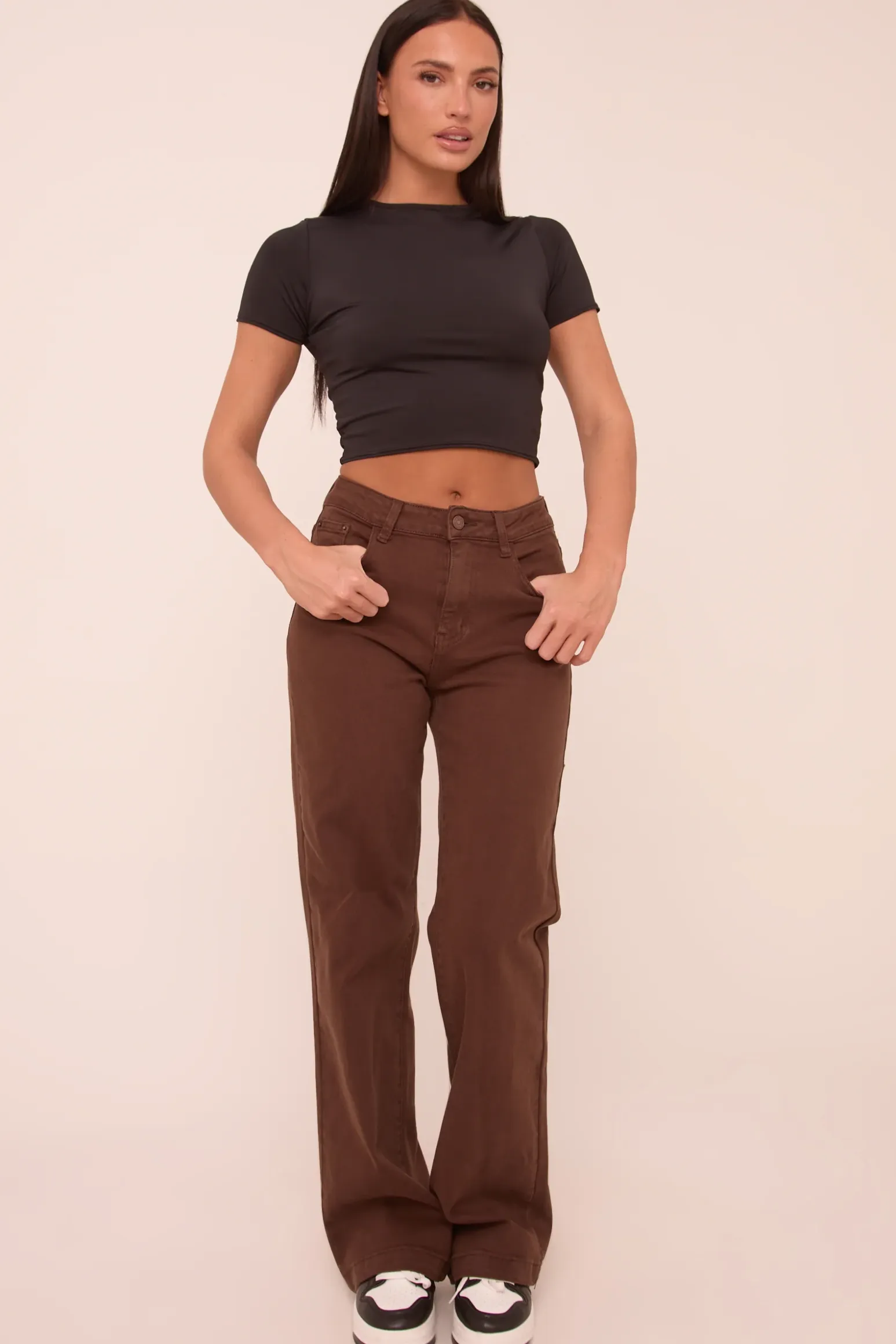 Rebellious Fashion Brown Stretch Mid Waist Straight Leg Denim Jeans - Misha