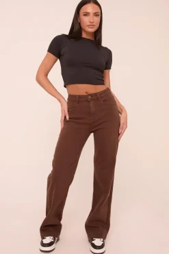 Rebellious Fashion Brown Stretch Mid Waist Straight Leg Denim Jeans - Misha