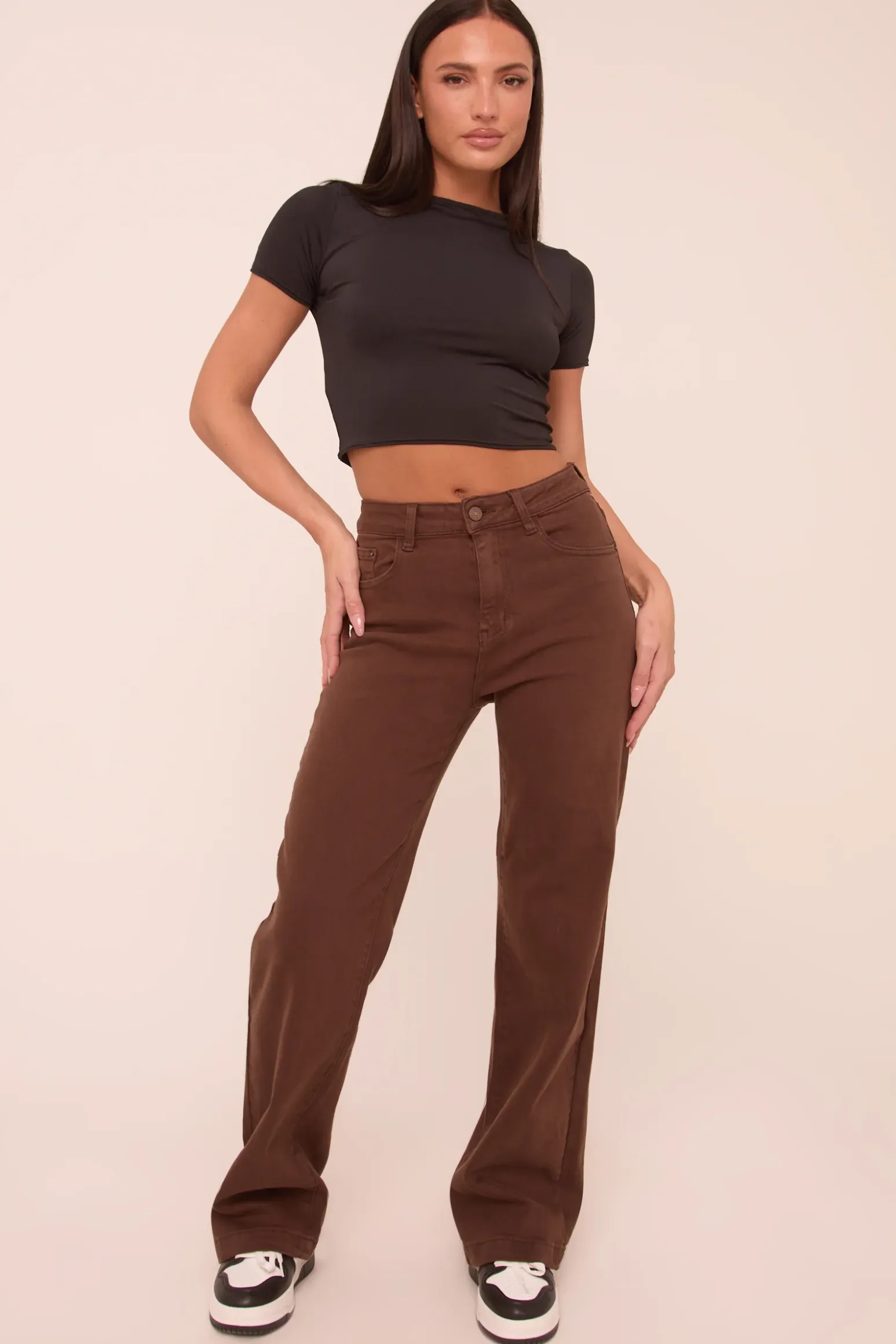 Rebellious Fashion Brown Stretch Mid Waist Straight Leg Denim Jeans - Misha