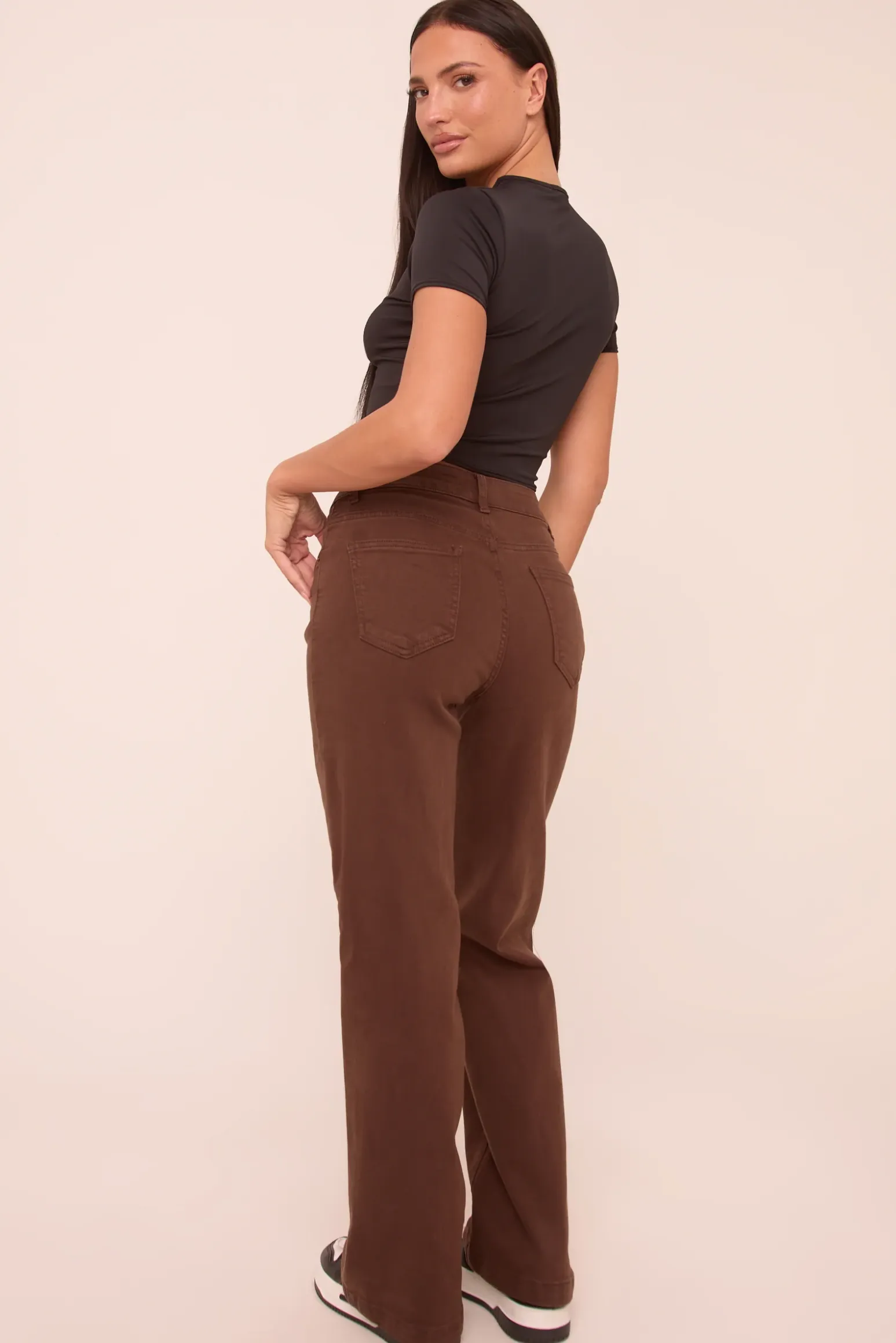 Rebellious Fashion Brown Stretch Mid Waist Straight Leg Denim Jeans - Misha
