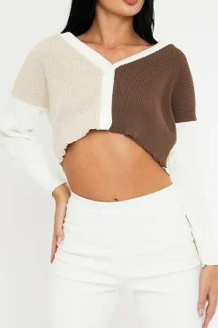 Rebellious Fashion Brown Stripe Button Front Knit Crop Top - Reimi
