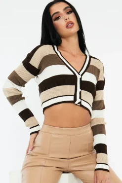 Rebellious Fashion Brown Stripe Button Up Knit Crop Top - Reeha