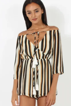 Rebellious Fashion Brown Striped Tassel Detail Playsuit - Bex