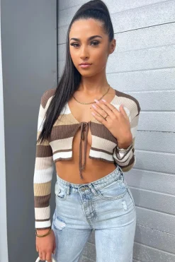 Rebellious Fashion Brown Stripe Tie Front Knit Crop Top - Sylah