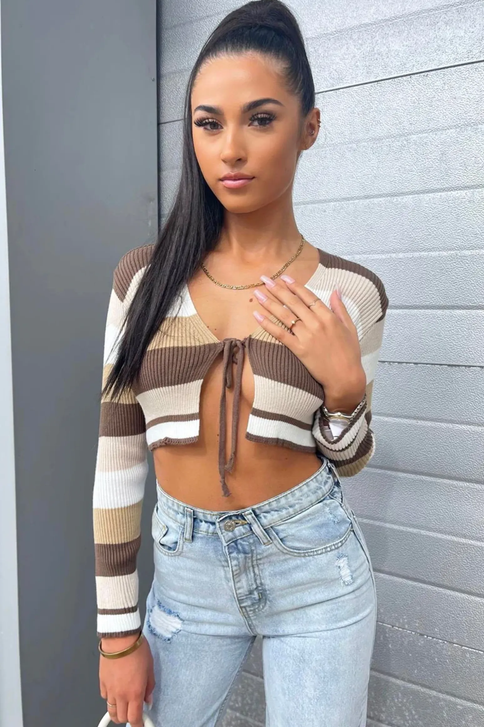 Rebellious Fashion Brown Stripe Tie Front Knit Crop Top - Sylah