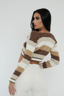 Rebellious Fashion Brown Stripe Tie Front Knit Crop Top - Sylah