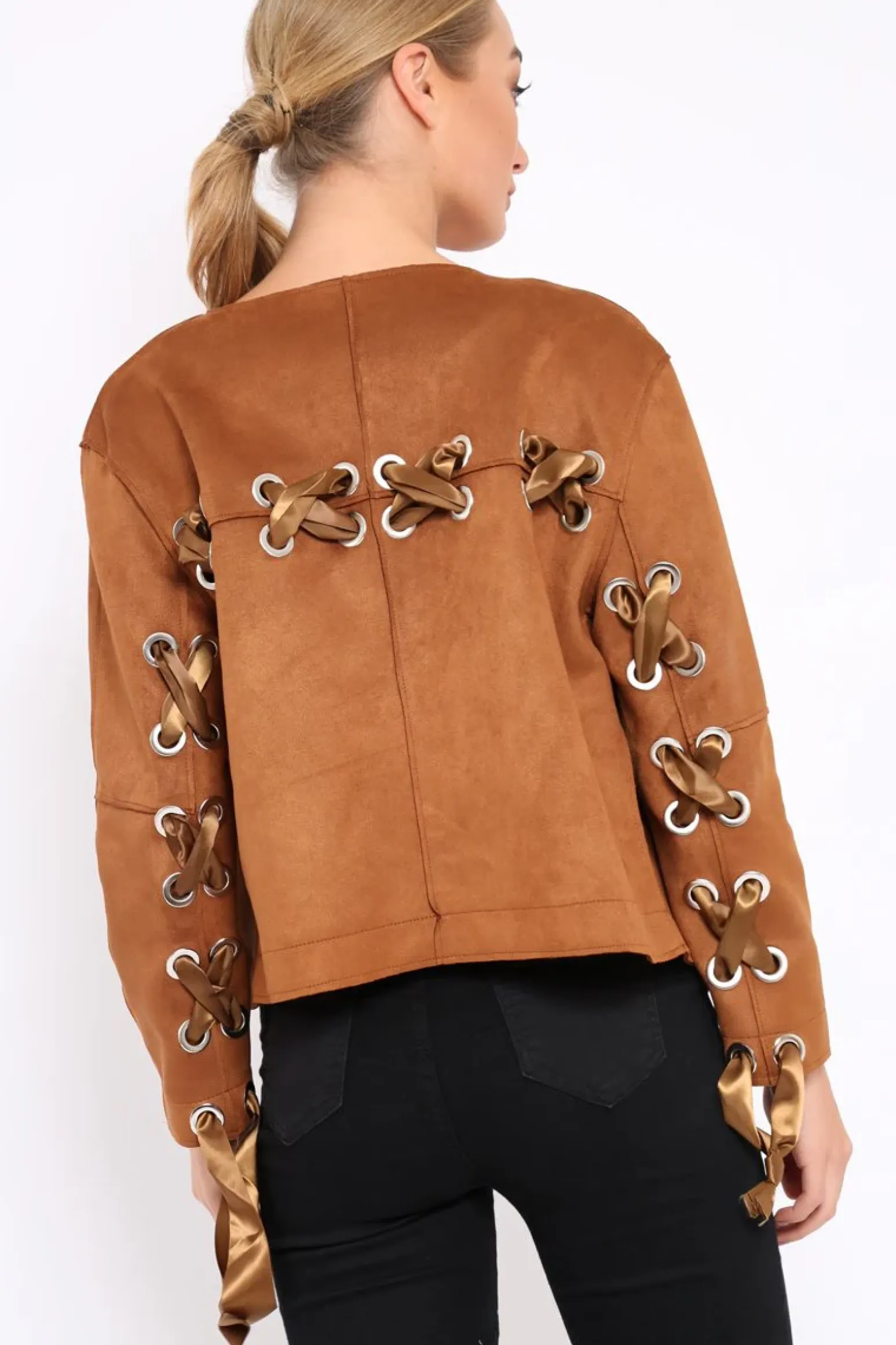 Rebellious Fashion Brown Suedette Lace Back Jacket - Karey