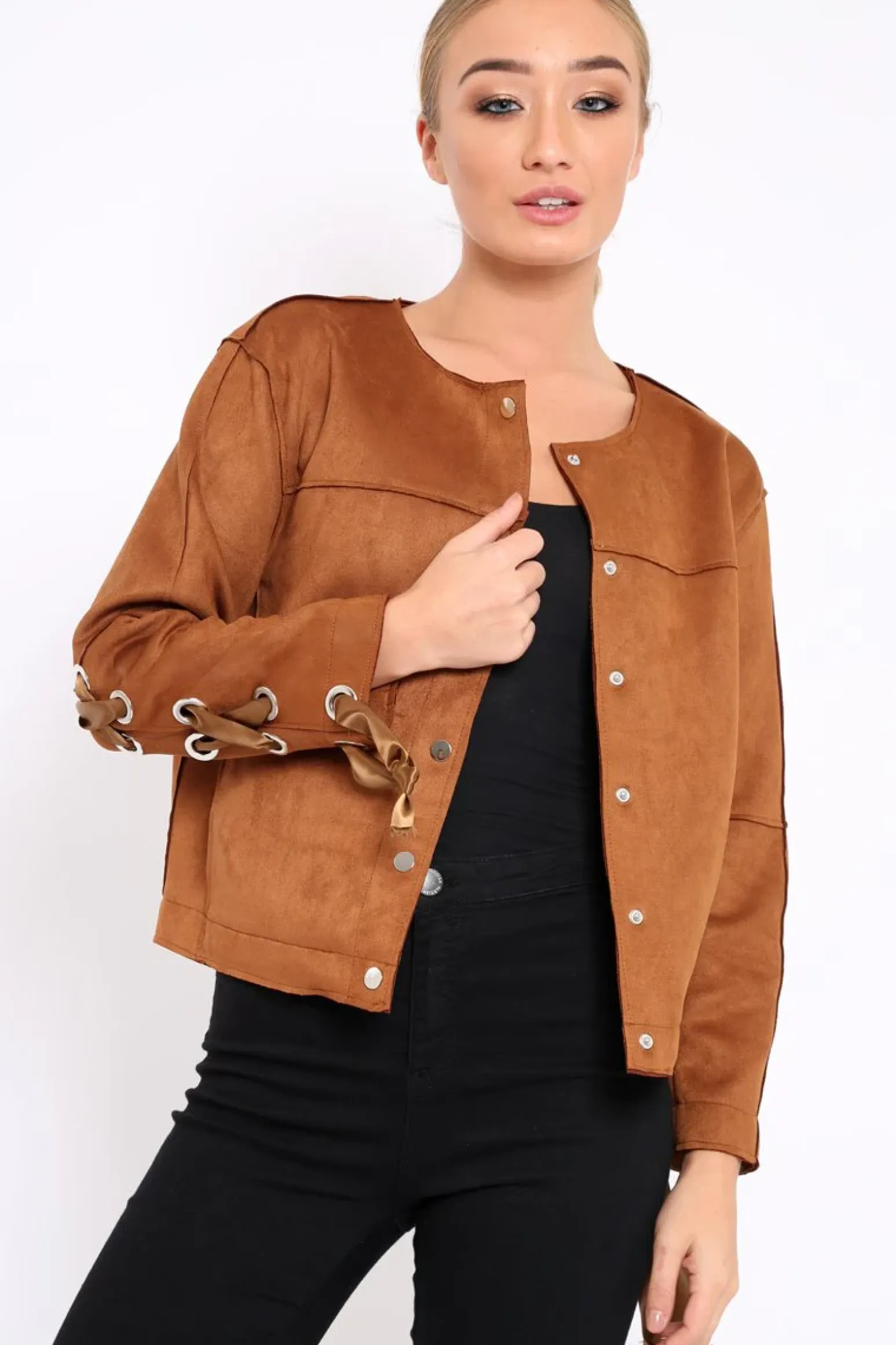Rebellious Fashion Brown Suedette Lace Back Jacket - Karey