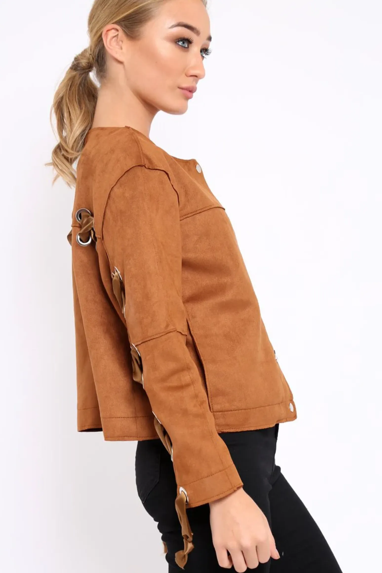 Rebellious Fashion Brown Suedette Lace Back Jacket - Karey