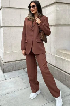 Rebellious Fashion Brown Tailored Blazer & Wide Leg Trouser Set - Casidi