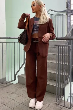 Rebellious Fashion Brown Tailored Blazer & Wide Leg Trouser Set - Casidi