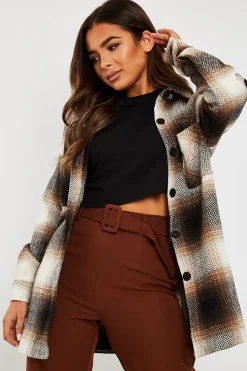 Rebellious Fashion Brown Textured Check Oversized Shacket - Saphia
