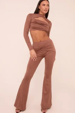 Rebellious Fashion Brown Twist Detail Long Sleeves Crop Top & Kick Flare Trousers Co-ord Set - Holly