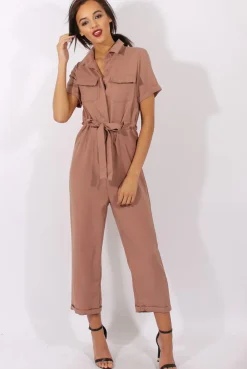 Rebellious Fashion Brown Utility Tie Waist Pocket Jumpsuit - Kai