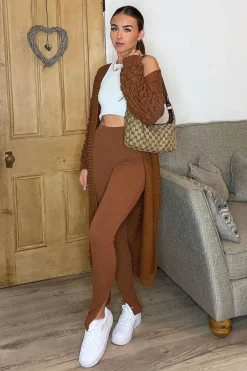 Rebellious Fashion Brown Waffle Sleeve Maxi Cardigan - Davaya