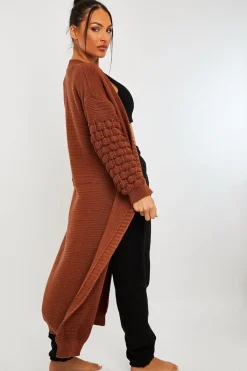 Rebellious Fashion Brown Waffle Sleeve Maxi Cardigan - Davaya