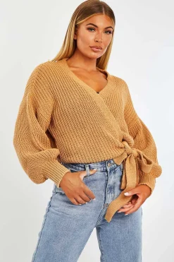 Rebellious Fashion Brown Wrap Tie Details Cardigan - Lucy
