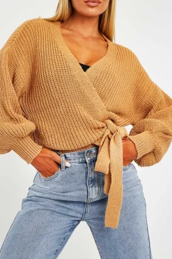 Rebellious Fashion Brown Wrap Tie Details Cardigan - Lucy