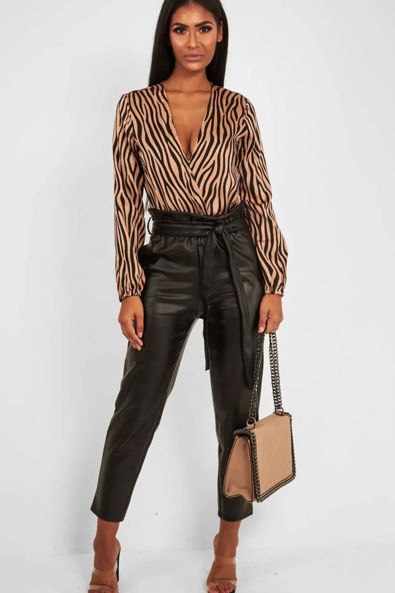 Rebellious Fashion Brown Zebra Print Plunge Bodysuit - Aaralyn