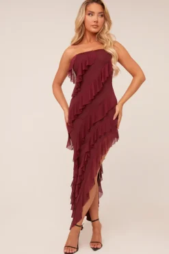 Rebellious Fashion Burgundy Bandeau Frill Detail Maxi Dress - Gillian