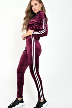 Rebellious Fashion Burgundy And White Stripe Velour Cropped Tracksuit - Deymi