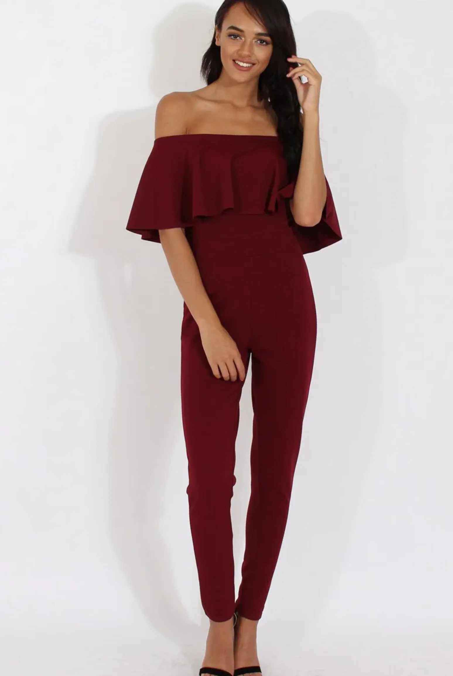 Rebellious Fashion Burgundy Bardot Fitted Jumpsuit - Bridget
