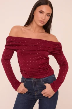 Rebellious Fashion Burgundy Bardot Long Sleeves Cropped Top - Natalia