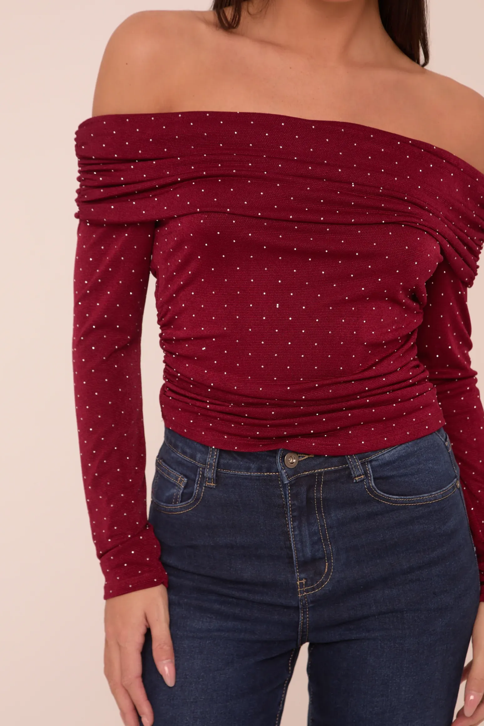 Rebellious Fashion Burgundy Bardot Long Sleeves Cropped Top - Natalia