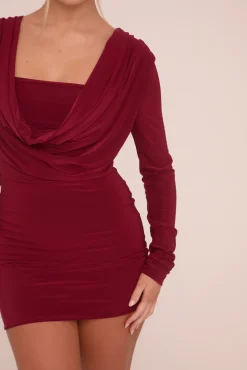 Rebellious Fashion Burgundy Cowl Neck Long Sleeve Bodycon Mini Dress - Oliana